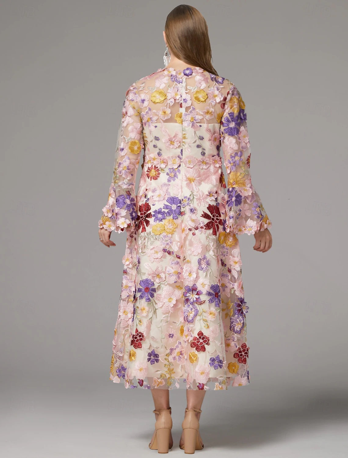 Buyishang A-Line Plus Size Curve Dress Mother of the Bride Dress Formal Wedding Guest Elegant High Neck Ankle Length Tulle Long Sleeve with Embroidery Flower